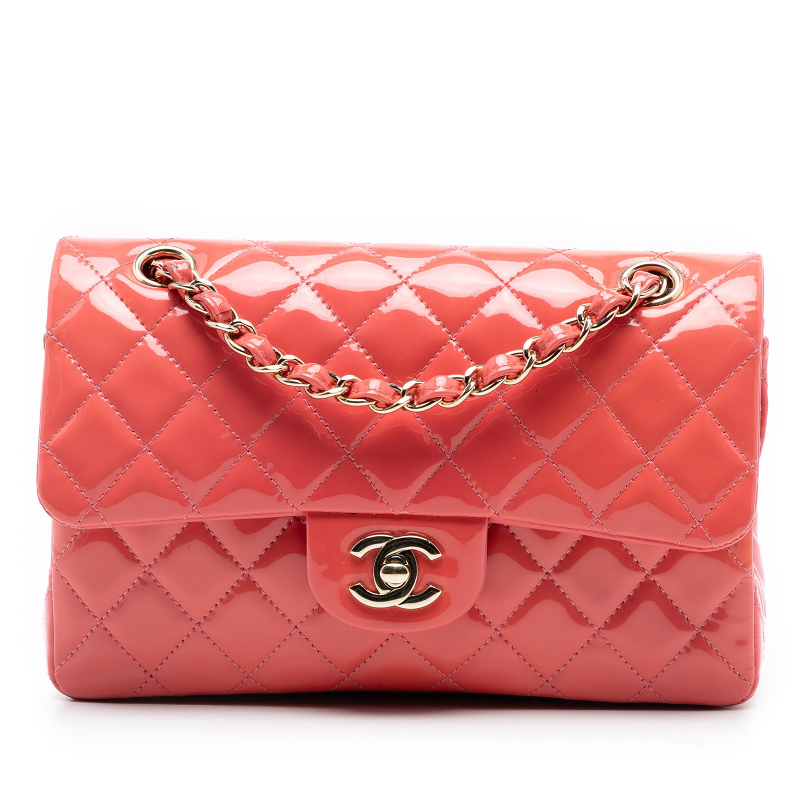Pink Chanel Small Classic Patent Leather Double Flap Shoulder Bag: Pink Chanel Small Classic Patent Leather Double Flap Shoulder Bag This Chanel Small Classic Patent Double Flap shoulder bag is crafted from quilted patent leather in pink and features leather-woven ch