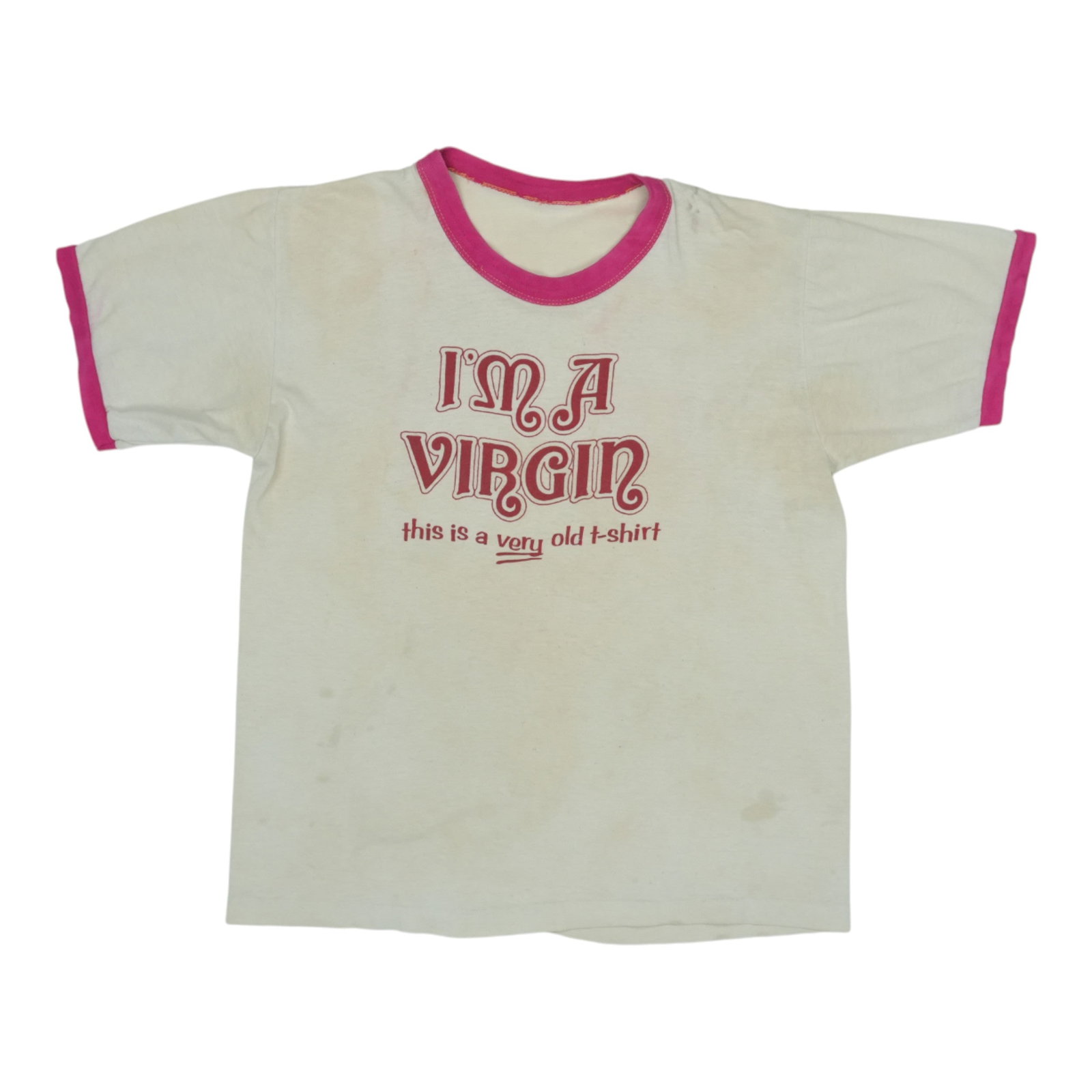 Vintage 1970s White Poly Cotton I'm A Virgin Graphic T Shirt: Vintage 1970s White Poly Cotton I'm A Virgin Graphic T Shirt This is an original vintage "I'm A Virgin" shirt from the 1970s, featuring both front and back graphics. Made from a 50/50 poly/cotton blen