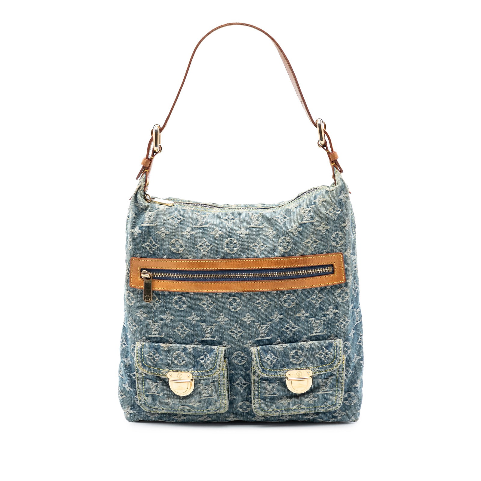 Louis Vuitton Baggy GM Blue Monogram Denim Shoulder Bag with Leather Trim: Louis Vuitton Baggy GM Blue Monogram Denim Shoulder Bag with Leather Trim The Louis Vuitton Monogram Denim Baggy GM features a blue monogram denim body with vachetta leather trim and a flat vachetta l