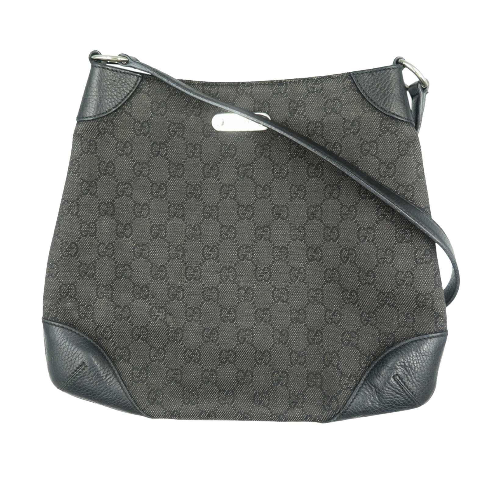 Black Denim Shoulder Purse with Leather Trim by Gucci GG Collection: Black Denim Shoulder Purse with Leather Trim by Gucci GG Collection This Gucci GG Denim Shoulder Bag features a denim body with leather trim, a flat leather strap, an open top with a magnetic snap clo