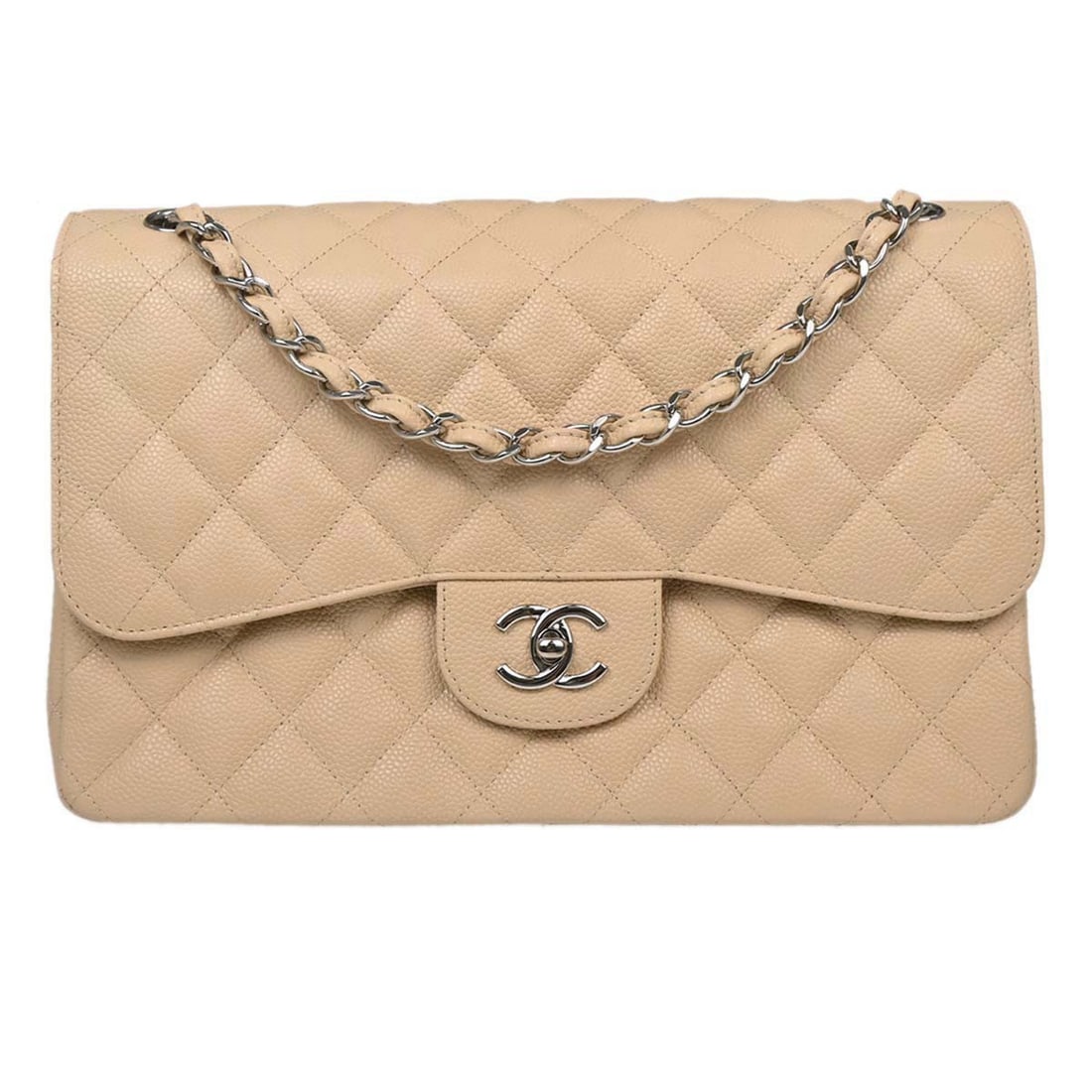 CHANEL Classic Flap Beige Calfskin Large Shoulder Bag: CHANEL Classic Flap Beige Calfskin Large Shoulder Bag This is a beige calfskin leather Jumbo Classic Double Flap shoulder bag, featuring a turn lock closure and a large size. The bag is designed with 