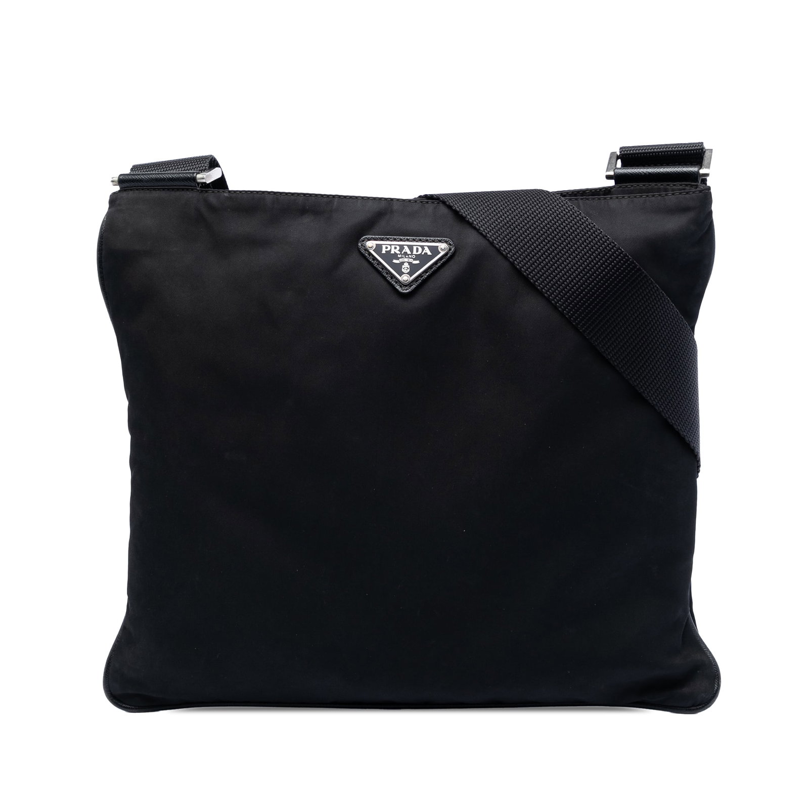 Black Nylon Prada Tessuto Adjustable Strap Crossbody Bag: Black Nylon Prada Tessuto Adjustable Strap Crossbody Bag This Prada Tessuto Zip Top Crossbody bag features a black nylon body, an adjustable flat canvas strap, a secure top zip closure, and an interio