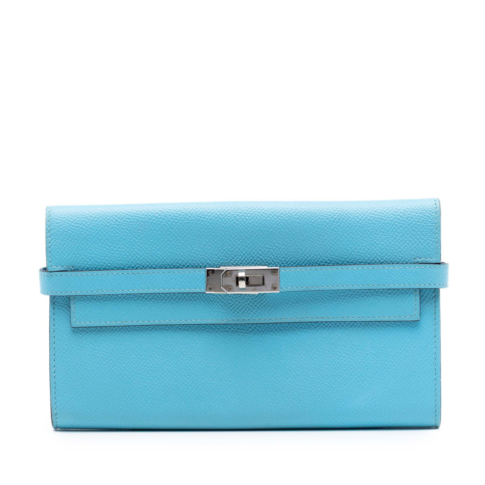 Hermes Kelly Long Wallet in Bleu Azteque Epsom Leather with Turn Lock: Hermes Kelly Long Wallet in Bleu Azteque Epsom Leather with Turn Lock This Hermes Kelly Longue Wallet is crafted from Epsom leather in Bleu Azteque and features a front turn lock closure. The interior