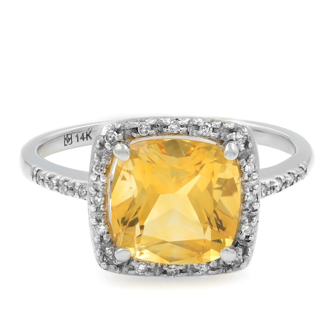 Rachel Koen 14K White Gold Halo Citrine Diamond Cocktail Ring 2.7cttw: Rachel Koen 14K White Gold Halo Citrine Diamond Cocktail Ring 2.7cttw This stunning Rachel Koen ring features a beautiful cushion cut citrine, weighing 2.7 carats, set in luxurious 14K white gold. The