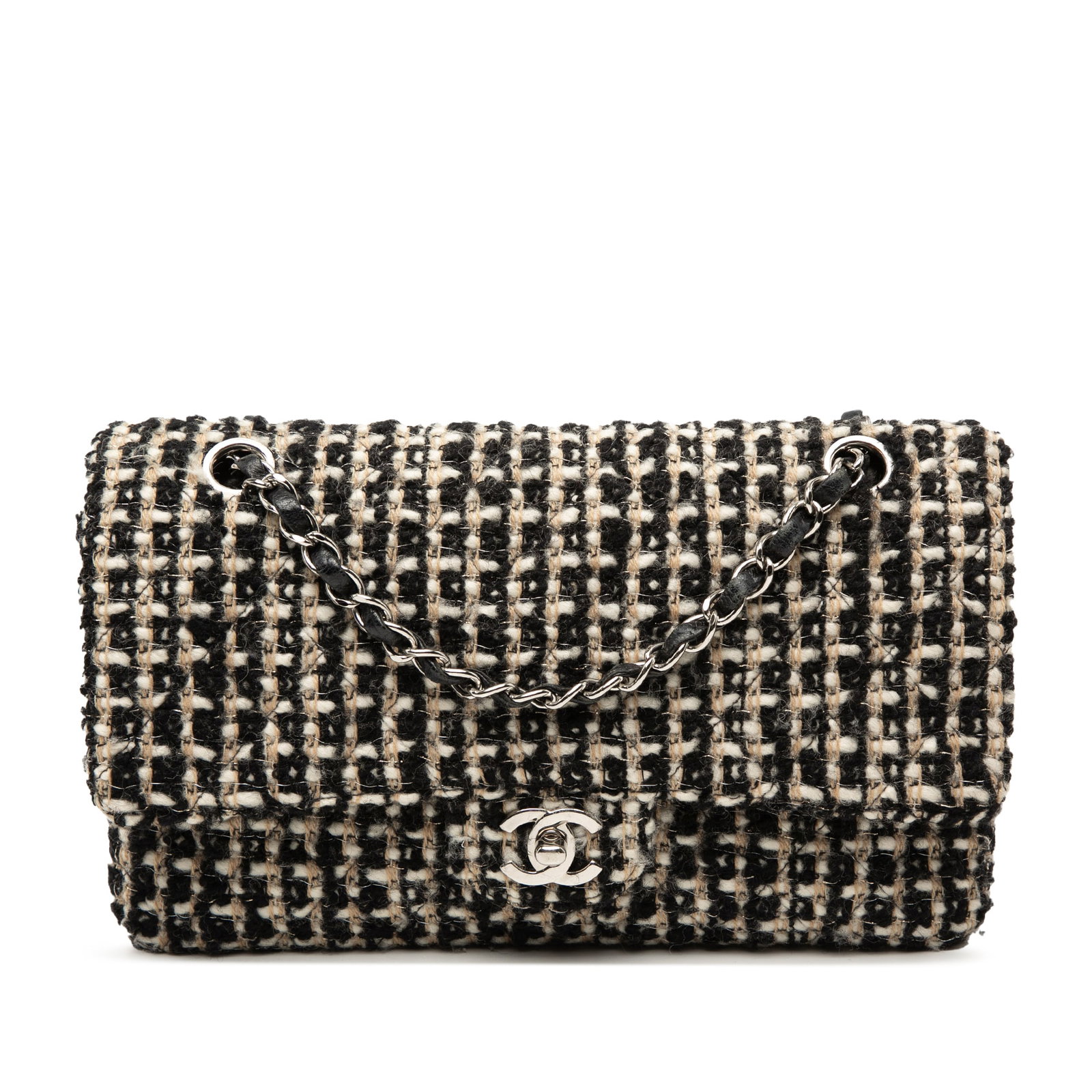 Chanel Medium Tweed Quilted Double Flap Shoulder Bag Black: Chanel Medium Tweed Quilted Double Flap Shoulder Bag Black This Chanel Medium Classic Tweed Double Flap shoulder bag features a quilted tweed exterior, a leather-woven chain-link shoulder strap, a fro
