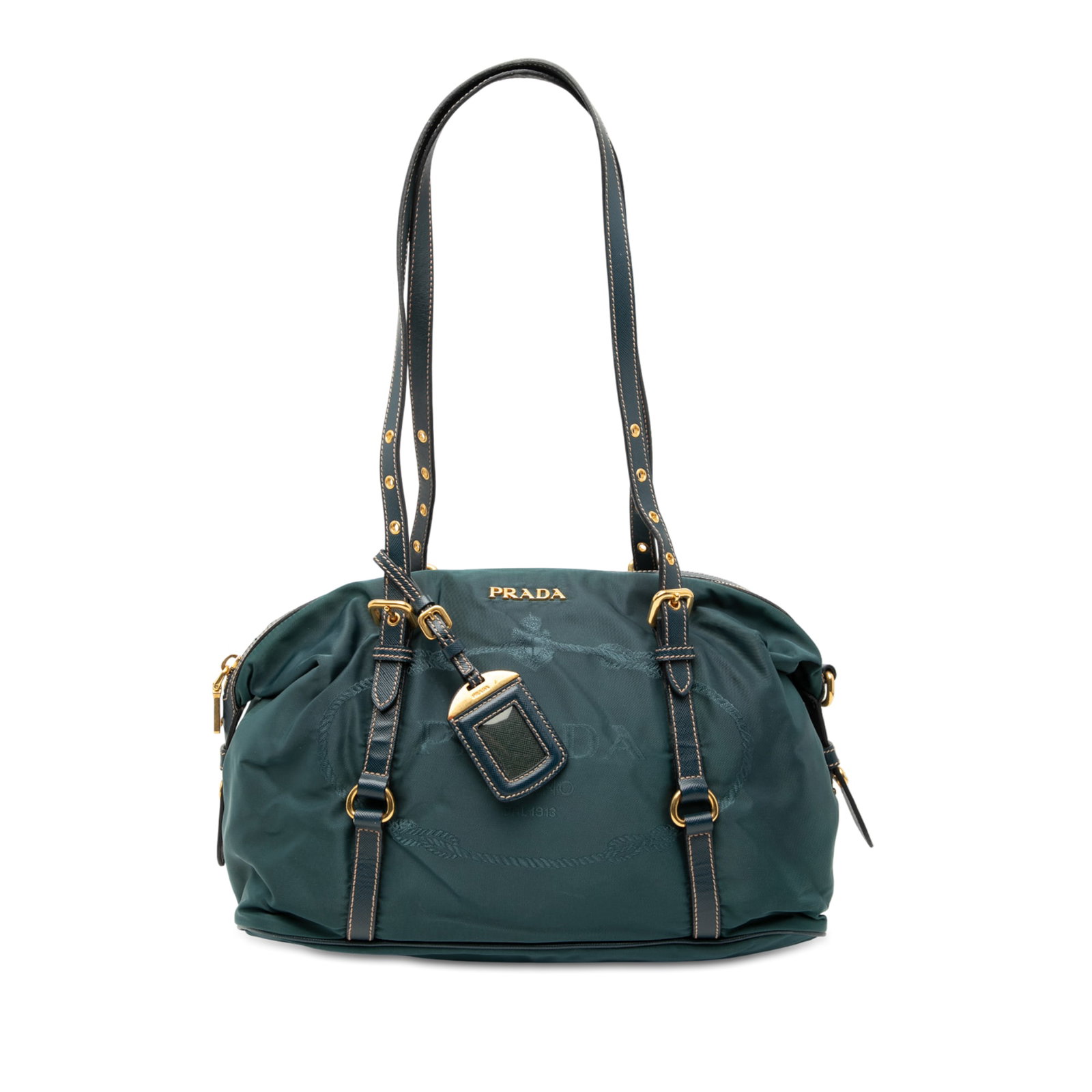 Prada Tessuto Blue Satchel with Saffiano Leather Trim and Logo: Prada Tessuto Blue Satchel with Saffiano Leather Trim and Logo This Prada Saffiano Trimmed Tessuto Logo Satchel features a durable nylon body with saffiano leather trim, adjustable flat leather straps