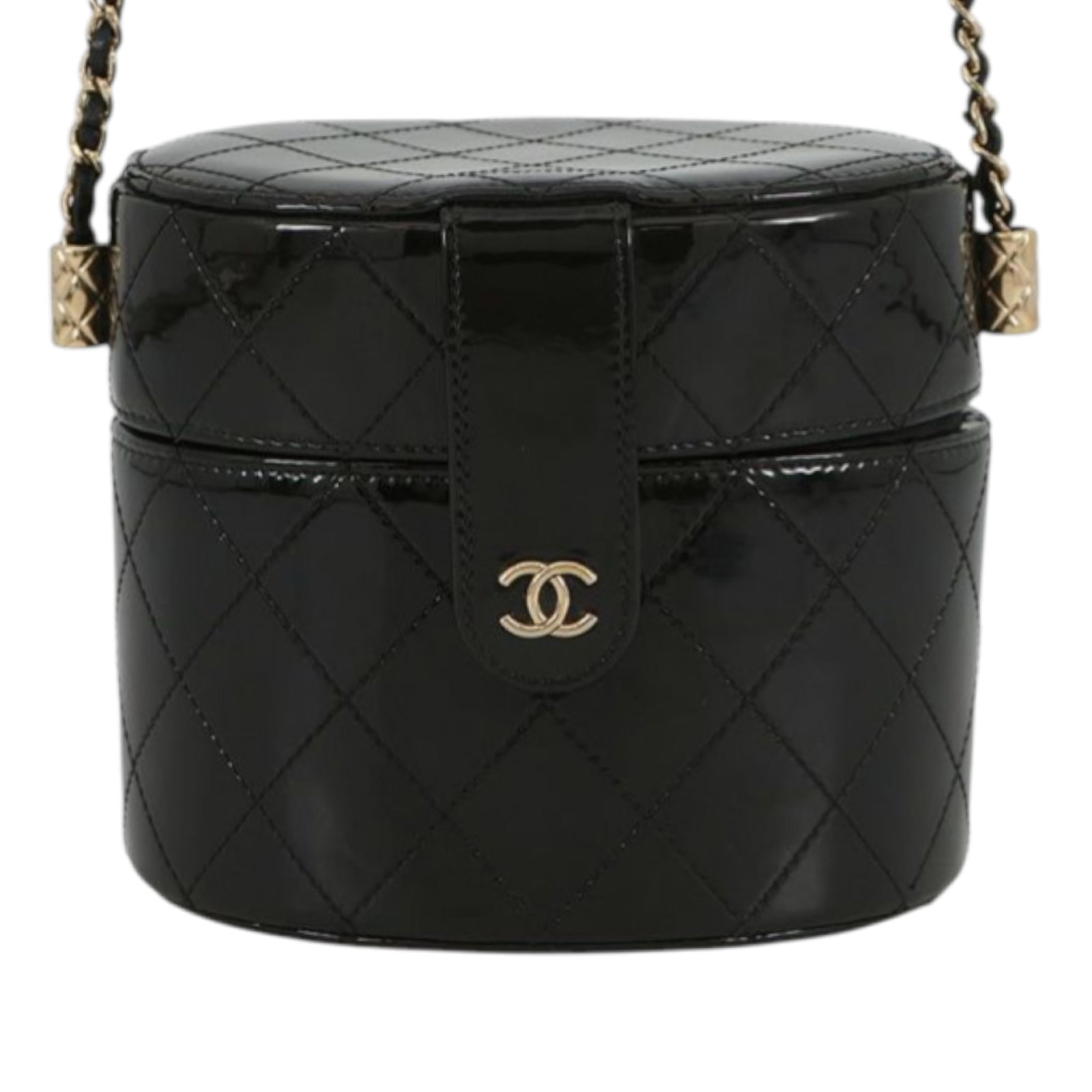 Chanel Black Patent Leather Quilted Round Vanity Bag with Chain Strap: Chanel Black Patent Leather Quilted Round Vanity Bag with Chain Strap This Chanel CC Quilted Patent Round Vanity Clutch features a black patent leather exterior with a quilted pattern and a leather-wo