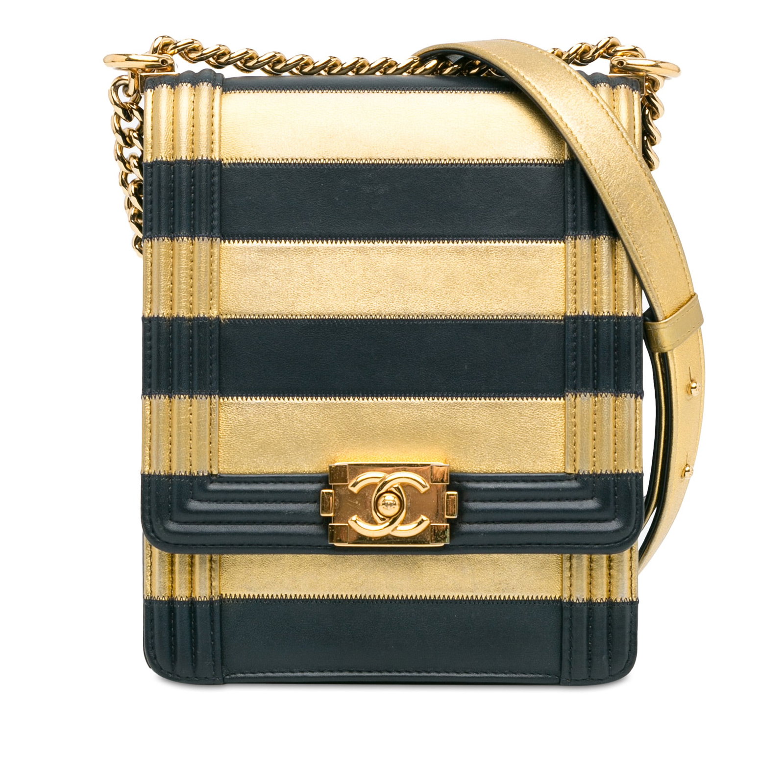 Chanel Metallic Lambskin Striped North South Boy Flap Bag Gold: Chanel Metallic Lambskin Striped North South Boy Flap Bag Gold Experience luxury with the Chanel Metallic Lambskin Striped North South Boy Flap. Crafted from exquisite lambskin leather, this chic bag 