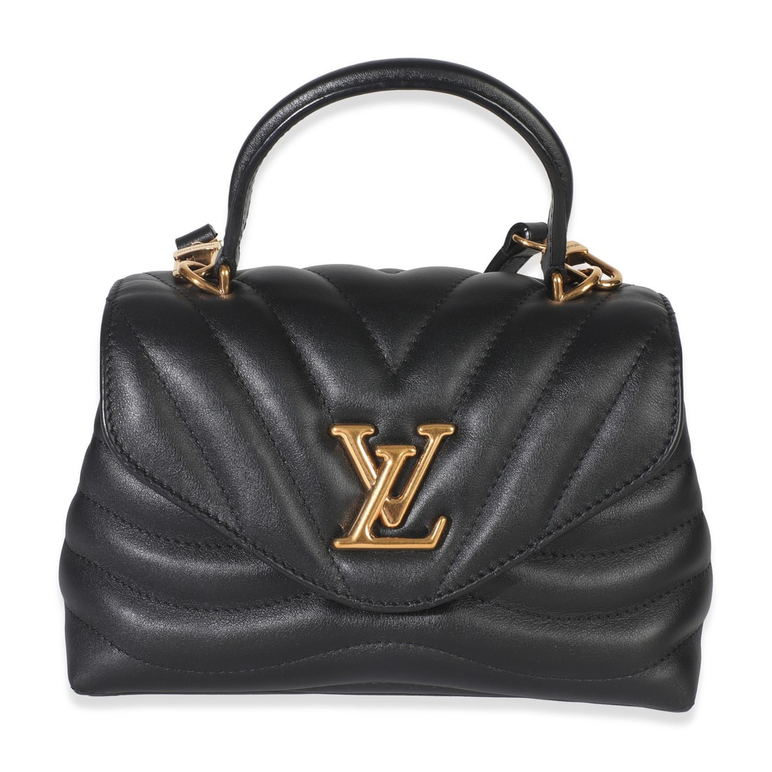 Louis Vuitton New Wave Black Leather Top Handle Bag with Removable Strap: Louis Vuitton New Wave Black Leather Top Handle Bag with Removable Strap This Louis Vuitton New Wave Hold Me Top Handle Bag features black calfskin leather with a gold-tone push lock closure. The bag 