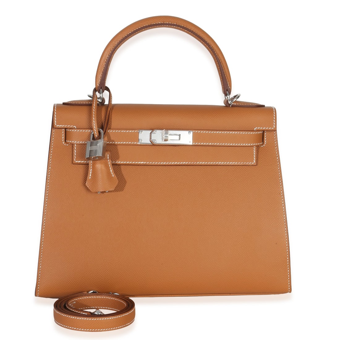Hermes Sellier Kelly 28 Brown Epsom Leather Shoulder Bag with Silver Hardware: Hermes Sellier Kelly 28 Brown Epsom Leather Shoulder Bag with Silver Hardware This Hermes Sellier Kelly 28 handbag features brown Epsom leather with a structured silhouette and silver-tone hardware. D