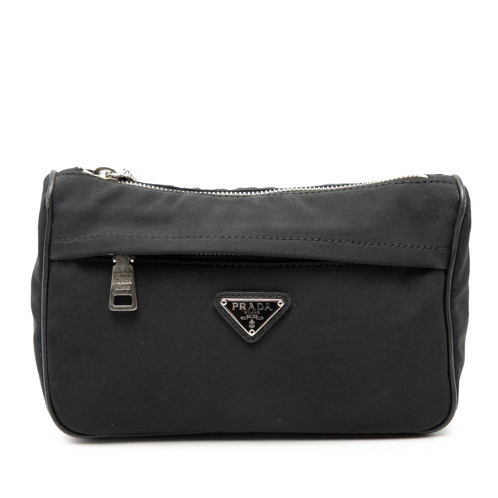 Prada Tessuto Black Nylon Pouch with Top and Exterior Zip Closures: Prada Tessuto Black Nylon Pouch with Top and Exterior Zip Closures This Prada Tessuto Zip Pouch features a durable nylon body in black, a top zip closure, and an exterior zip pocket for added convenie