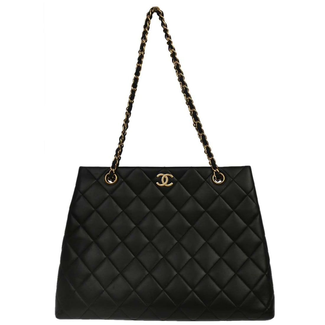 CHANEL Quilted Black Lambskin Tote With Shoulder Strap: CHANEL Quilted Black Lambskin Tote With Shoulder Strap This Chanel black lambskin tote shoulder bag features a classic quilted pattern and a medium-sized silhouette. Crafted from high-quality leather,