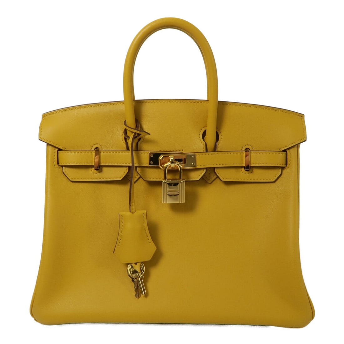 Hermes Birkin 25 Yellow Swift Leather Handbag GHW: Hermes Birkin 25 Yellow Swift Leather Handbag GHW This Hermes Birkin 25 handbag is crafted from Veau Swift calfskin leather in a striking Jaune Amber yellow. It features gold hardware and a structured