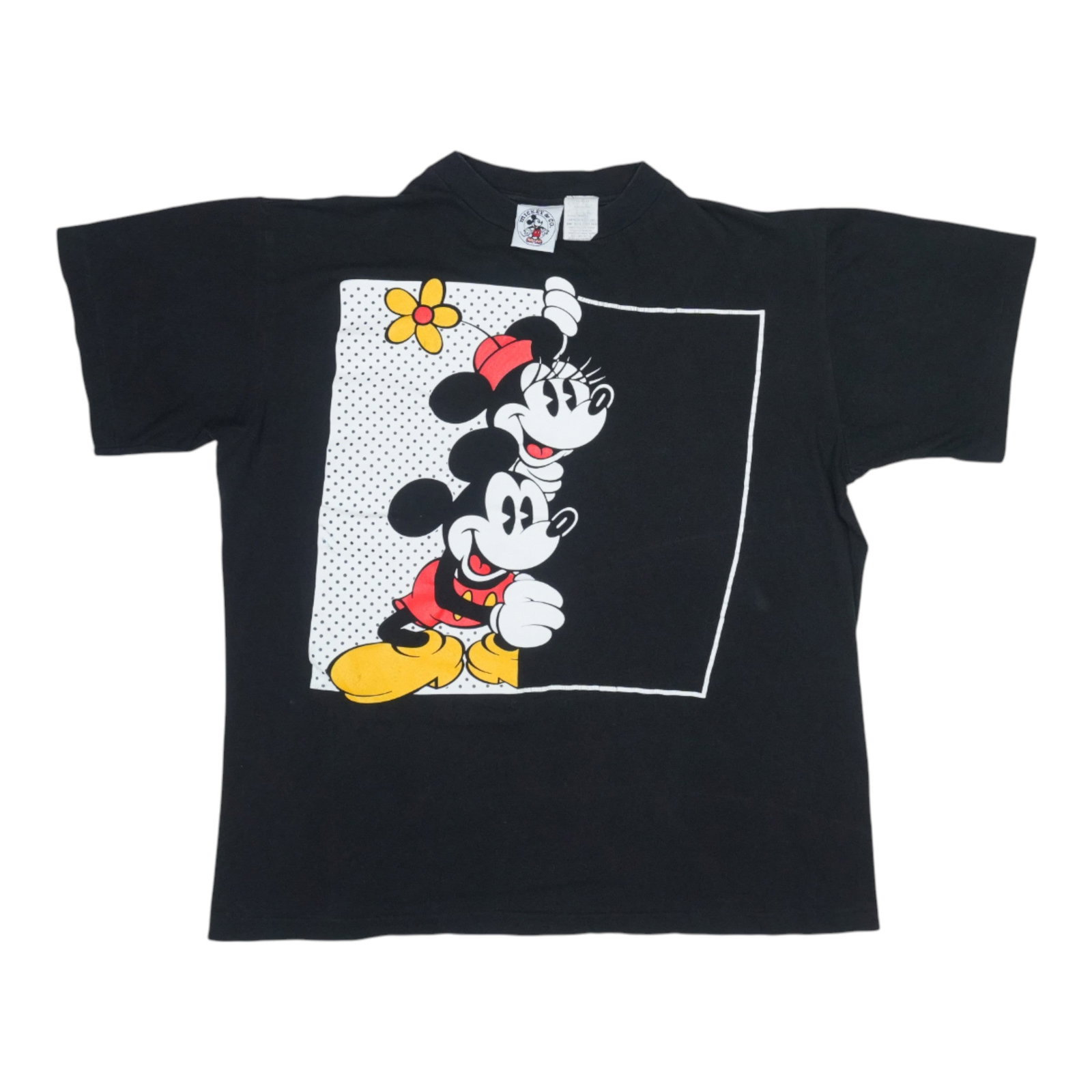 Vintage 1990s Black Cotton Shirt Featuring Mickey and Minnie Mouse: Vintage 1990s Black Cotton Shirt Featuring Mickey and Minnie Mouse This is an original vintage Mickey & Minnie Mouse shirt from the 1990s. The shirt features no graphics on the back and is made from 1