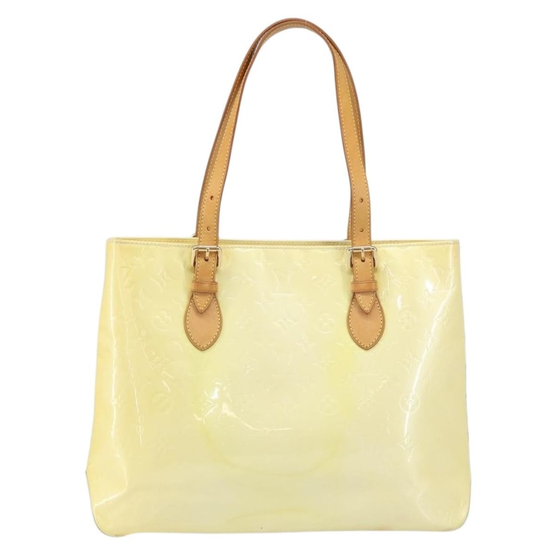 Brentwood Patent Leather Yellow Handbag by Louis Vuitton: Brentwood Patent Leather Yellow Handbag by Louis Vuitton The Louis Vuitton Brentwood Handbag features the signature Monogram Vernis pattern in yellow patent leather. Designed for women, this handbag i