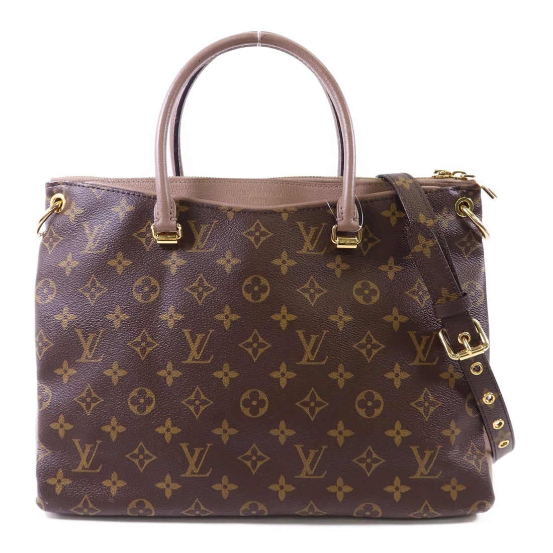 Louis Vuitton Pallas MM Monogram Brown Shoulder Bag with Gold Tone Hardware: Louis Vuitton Pallas MM Monogram Brown Shoulder Bag with Gold Tone Hardware This Louis Vuitton Pallas MM shoulder bag features the signature Monogram pattern in brown and is crafted from durable PVC c