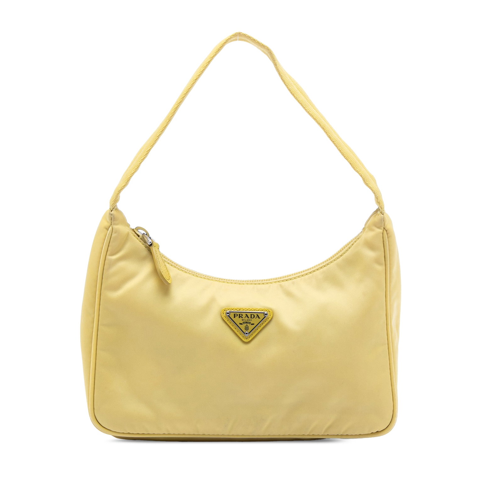 Prada Mini Tessuto Re Edition 2000 Yellow Nylon Shoulder Bag: Prada Mini Tessuto Re Edition 2000 Yellow Nylon Shoulder Bag This Prada Mini Tessuto Re Edition 2000 shoulder bag features a yellow nylon body, a flat strap, and a top zip closure. The bag shows signs