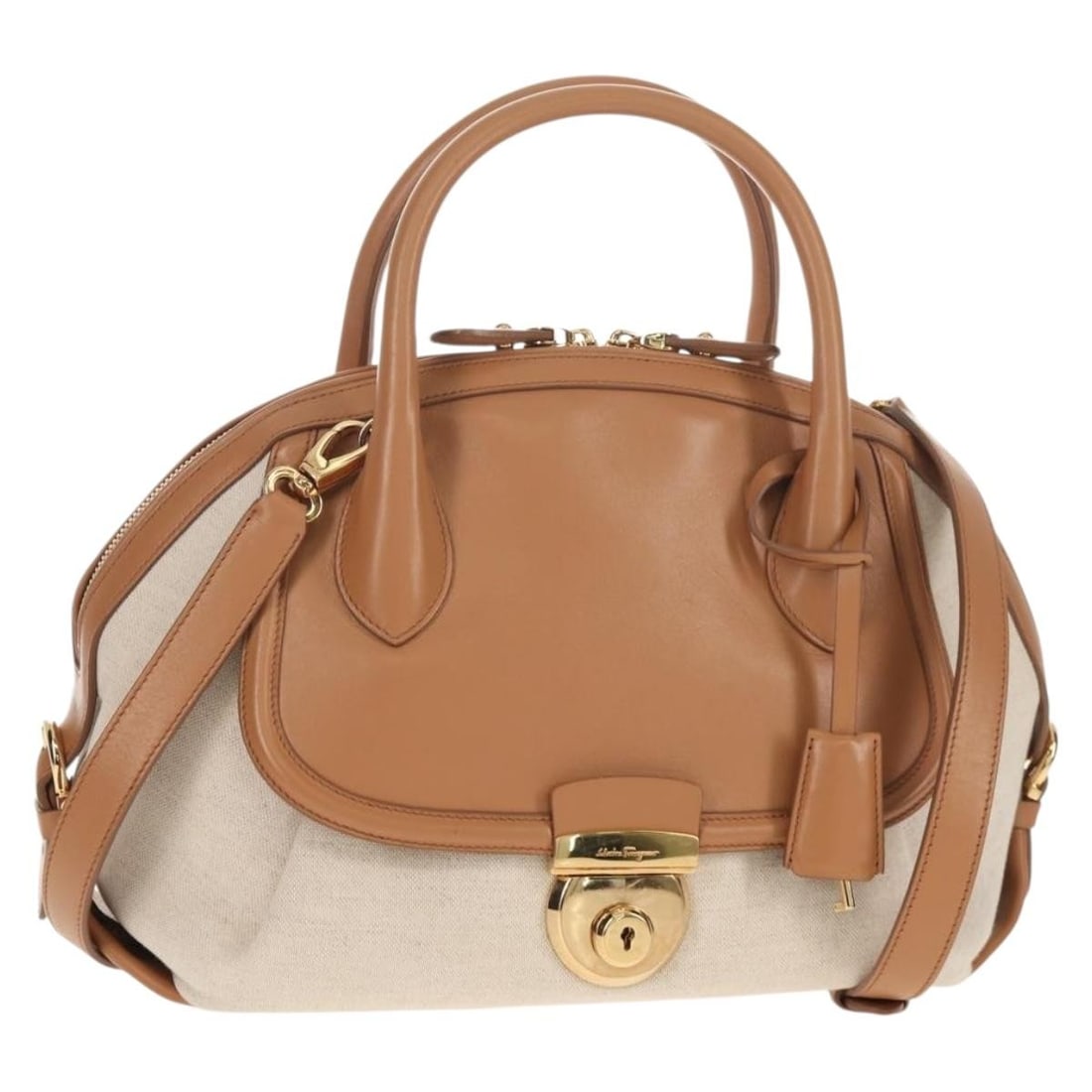 Salvatore Ferragamo 3-Way Hand Bag Beige Gold Canvas Authentic 134343V: Salvatore Ferragamo 3-Way Hand Bag Beige Gold Canvas Authentic 134343V This Salvatore Ferragamo handbag is a versatile accessory crafted from durable canvas and features an elegant beige and gold colo