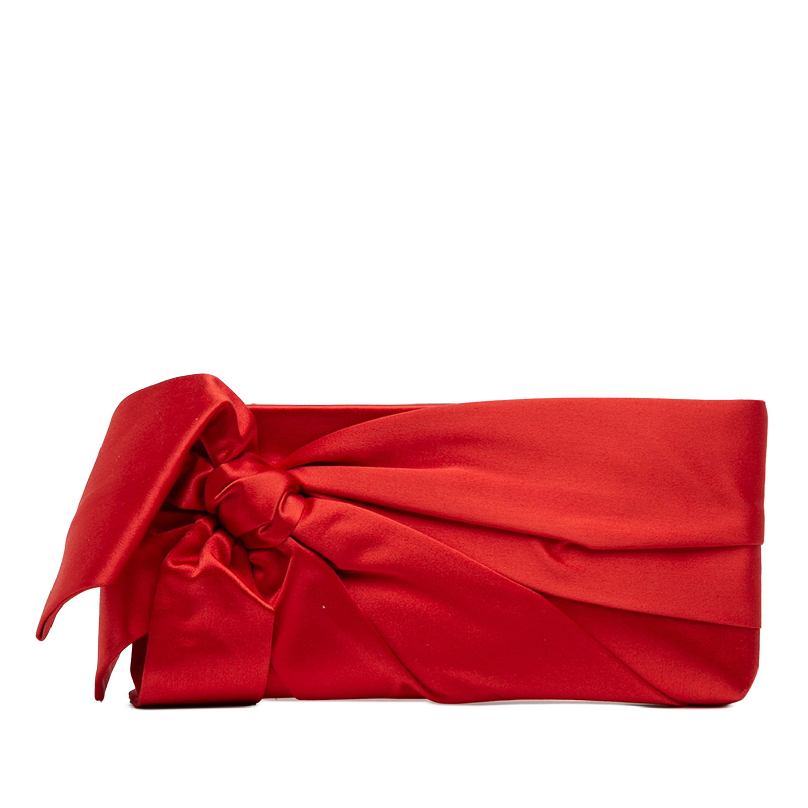 Red Satin Bow Clutch by Valentino with Pleated Design: Red Satin Bow Clutch by Valentino with Pleated Design This Valentino clutch bag features a pleated satin body with an elegant bow detail and a top zip closure. The clutch is crafted in red fabric and 