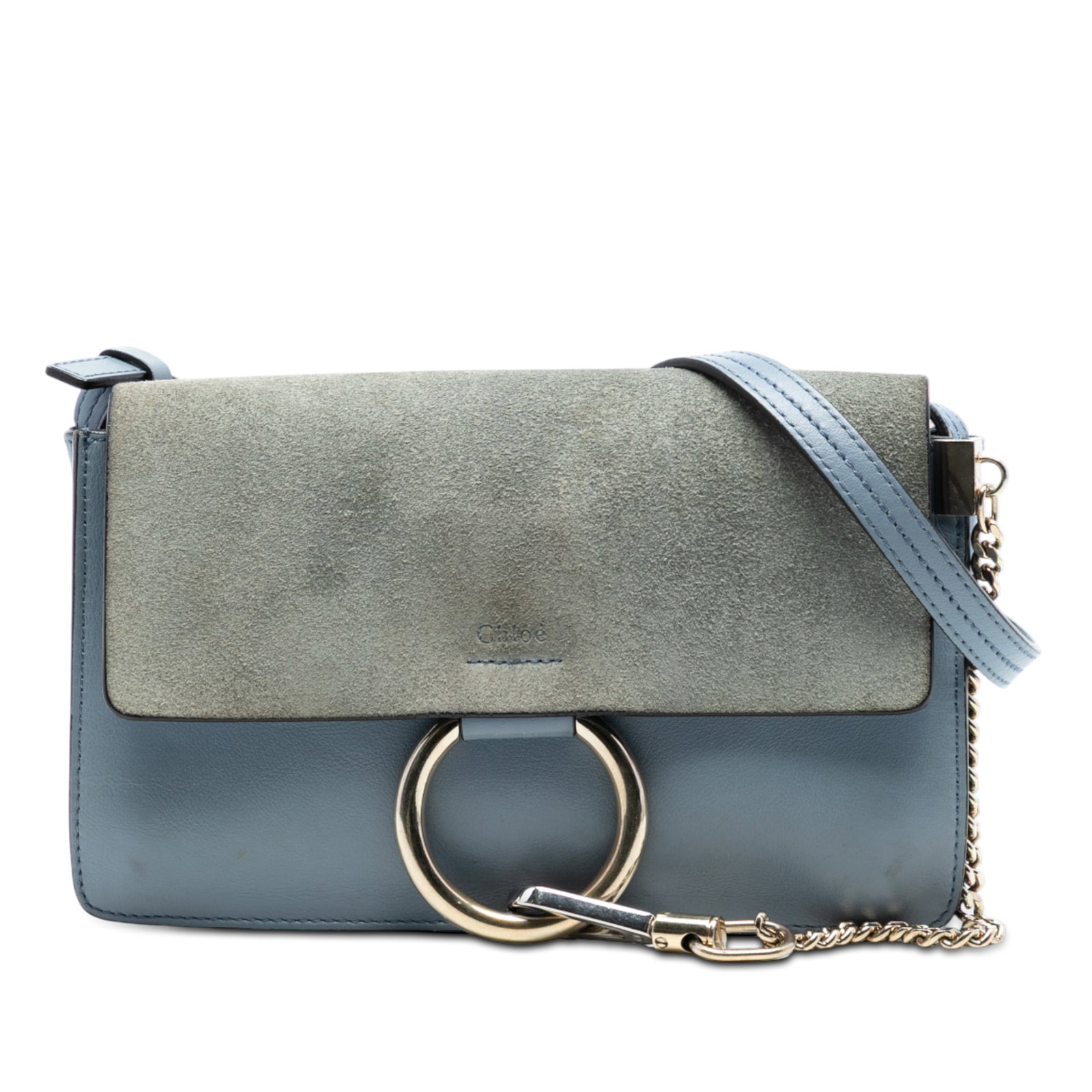 Chloe Faye Small Blue Suede and Calfskin Leather Crossbody Bag: Chloe Faye Small Blue Suede and Calfskin Leather Crossbody Bag This Chloe Small Faye Crossbody features a blue calf leather body with a suede top flap, an adjustable flat leather strap, and a signatur