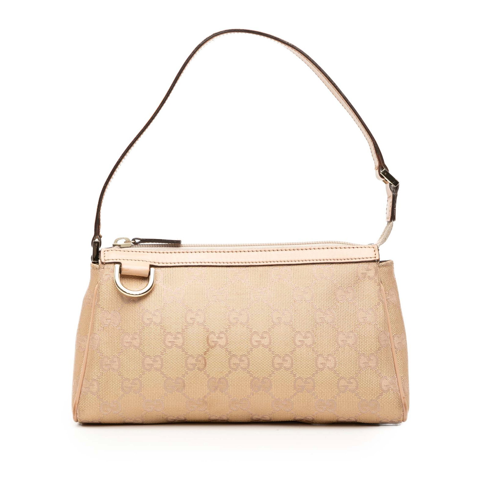 Gucci Abbey D Ring Beige Canvas Shoulder Bag with Leather Trim: Gucci Abbey D Ring Beige Canvas Shoulder Bag with Leather Trim This Gucci GG Canvas Abbey D Ring Pochette features a beige canvas body accented with leather trim, a flat leather strap, and a top zip c