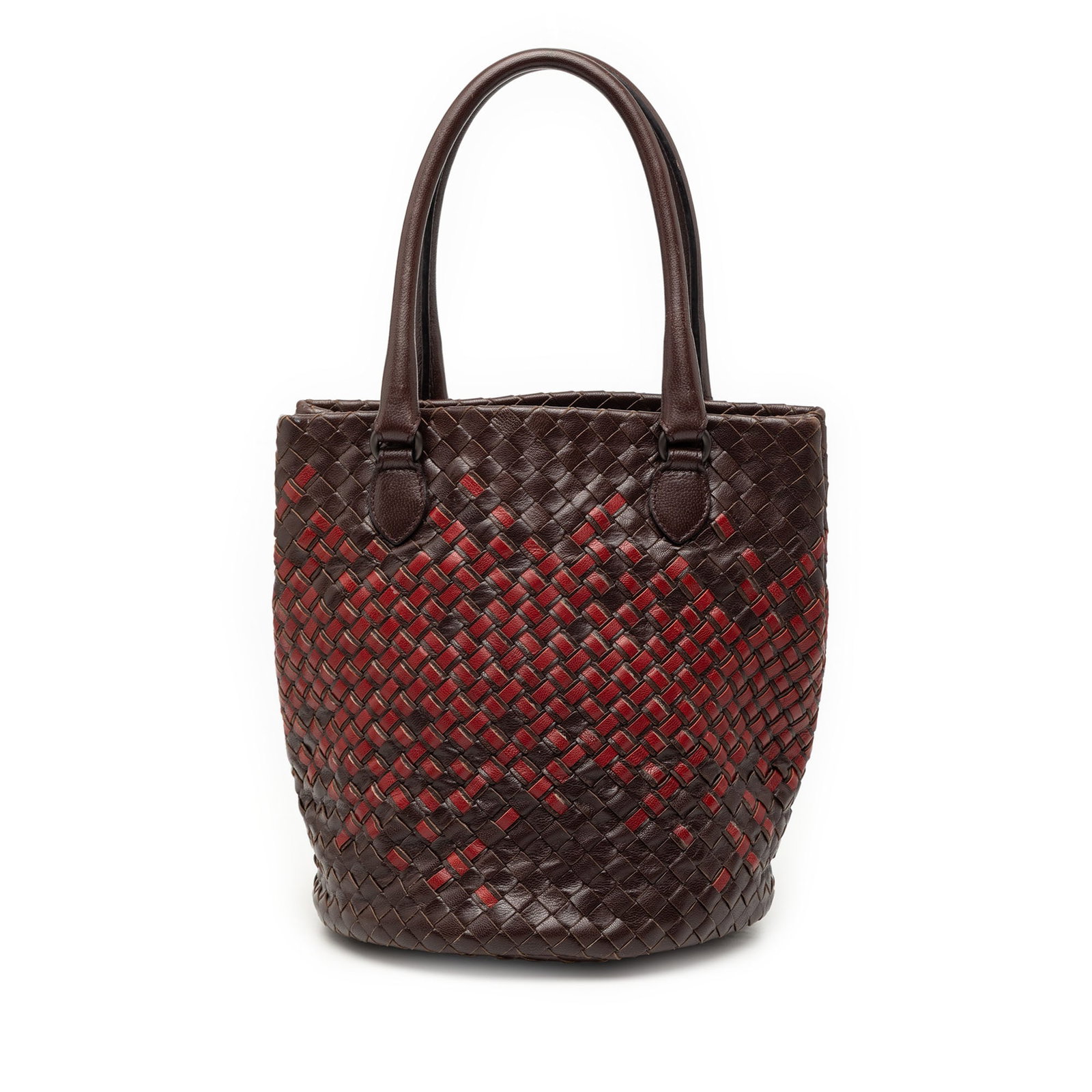 Bicolor Nappa Leather Bucket Bag by Bottega Veneta with Intrecciato Weave: Bicolor Nappa Leather Bucket Bag by Bottega Veneta with Intrecciato Weave This Bottega Veneta Bicolor Nappa Intrecciato Bucket Bag features a woven leather exterior, rolled leather straps, an open top
