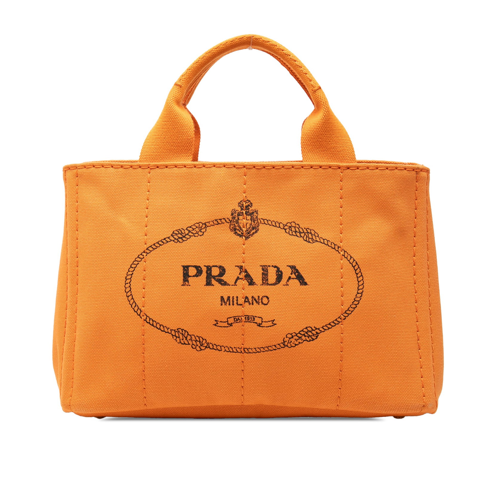Prada Canapa Logo Orange Canvas Small Satchel Bag: Prada Canapa Logo Orange Canvas Small Satchel Bag This Prada Small Canvas Canapa Logo Satchel features an orange canvas body with rolled handles, an open top, and interior zip and slip pockets. The ba
