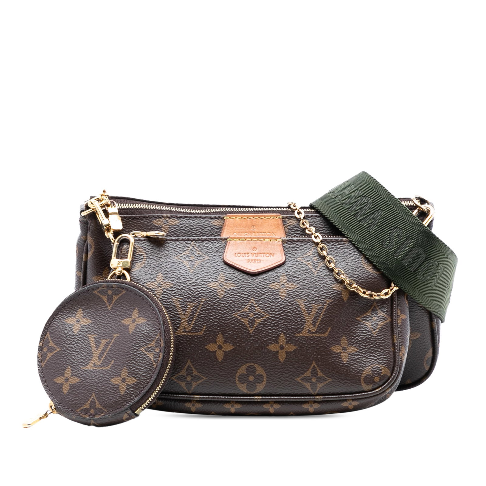 Louis Vuitton Brown Monogram Multi Pochette Bag with Removable Straps and Pouches: Louis Vuitton Brown Monogram Multi Pochette Bag with Removable Straps and Pouches The Louis Vuitton Monogram Multi Pochette Accessoires showcases a monogram canvas body with a detachable chain link st