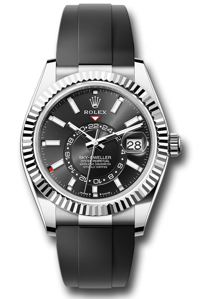 Rolex SkyDweller Oysterflex Black Index Dial Ref 336239: Rolex SkyDweller Oysterflex Black Index Dial Ref 336239 This Rolex Sky-Dweller features a black index dial, a distinctive fluted bezel, and is paired with an Oysterflex bracelet. The watch is identifi