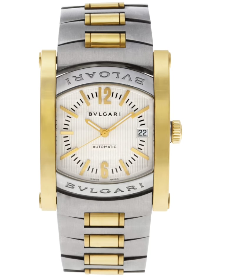 Assioma AA44SG Wristwatch with Ivory and Gold Stick Dial by Bvlgari: Assioma AA44SG Wristwatch with Ivory and Gold Stick Dial by Bvlgari This Bvlgari Assioma watch features a 34mm case with an ivory and gold stick dial. The timepiece is crafted with stainless steel and