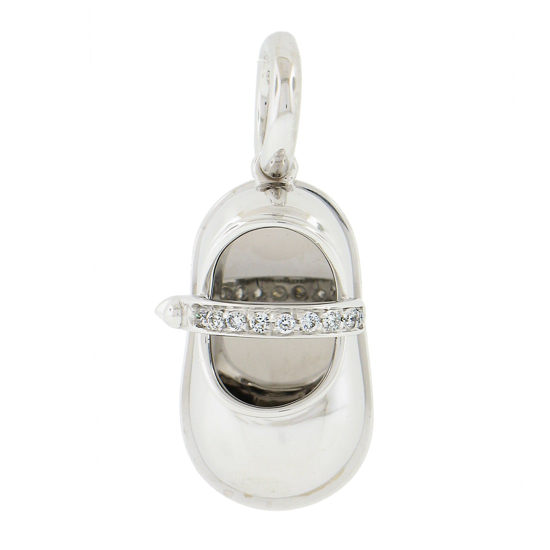 Aaron Basha 18K White Gold Pave Diamond Baby Shoe Charm Pendant: Aaron Basha 18K White Gold Pave Diamond Baby Shoe Charm Pendant This charming pendant is shaped like a baby shoe, crafted from high-quality 18K solid white gold. It features a stunning pave setting ad