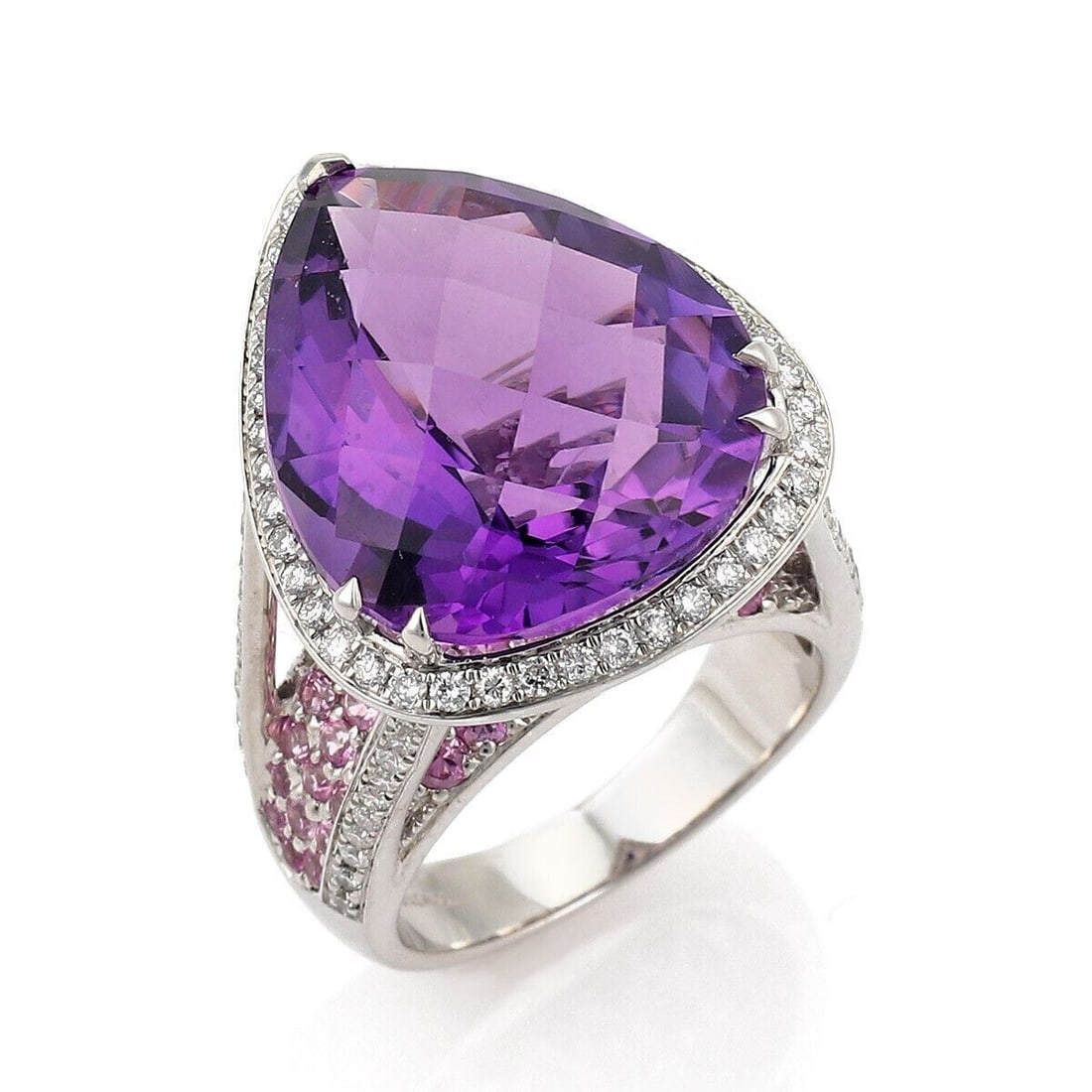 Sonia B Bitton 18k White Gold Ring with Amethyst Pink Sapphire Diamonds Size 6: Sonia B Bitton 18k White Gold Ring with Amethyst Pink Sapphire Diamonds Size 6 This authentic Sonia B Bitton ring is crafted from 18k white gold and showcases a bold pear-shaped top adorned with vibra