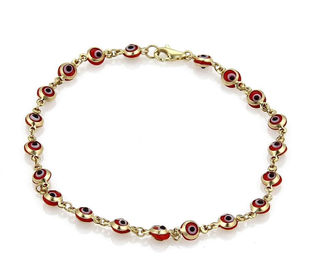 14k Yellow Gold Evil Eye Link Bracelet Red Enamel: 14k Yellow Gold Evil Eye Link Bracelet Red Enamel This fine bracelet is crafted from solid 14k yellow gold and features twenty red enamel evil eye beads connected by elegant gold links. Known for its 