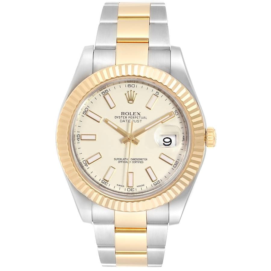 Rolex Datejust II 116333 Ivory Stick Dial Oyster Bracelet 2011 with Card: Rolex Datejust II 116333 Ivory Stick Dial Oyster Bracelet 2011 with Card This is a Rolex Datejust II wristwatch from 2011, featuring an ivory stick dial and a fluted bezel. The watch is designed for m