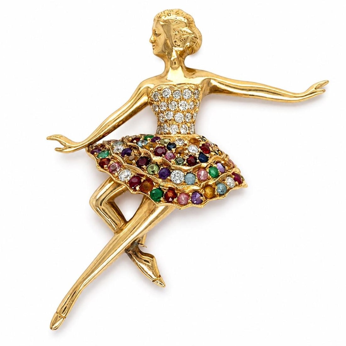 18K Yellow Gold Ballerina Brooch with Diamonds and Colored Stones: 18K Yellow Gold Ballerina Brooch with Diamonds and Colored Stones This 1960s ballerina brooch is crafted from 18K yellow gold and features a striking design set with 31 old mine cut diamonds totaling 