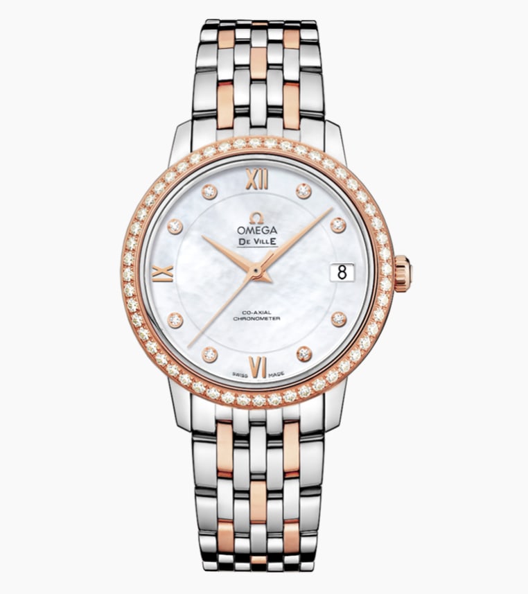 De Ville Prestige 32.7mm RG-SS Diamond Mother of Pearl Dial Watch with Card: De Ville Prestige 32.7mm RG-SS Diamond Mother of Pearl Dial Watch with Card This Omega De Ville Prestige watch features a 32.7 mm case crafted from a combination of rose gold and stainless steel. The 