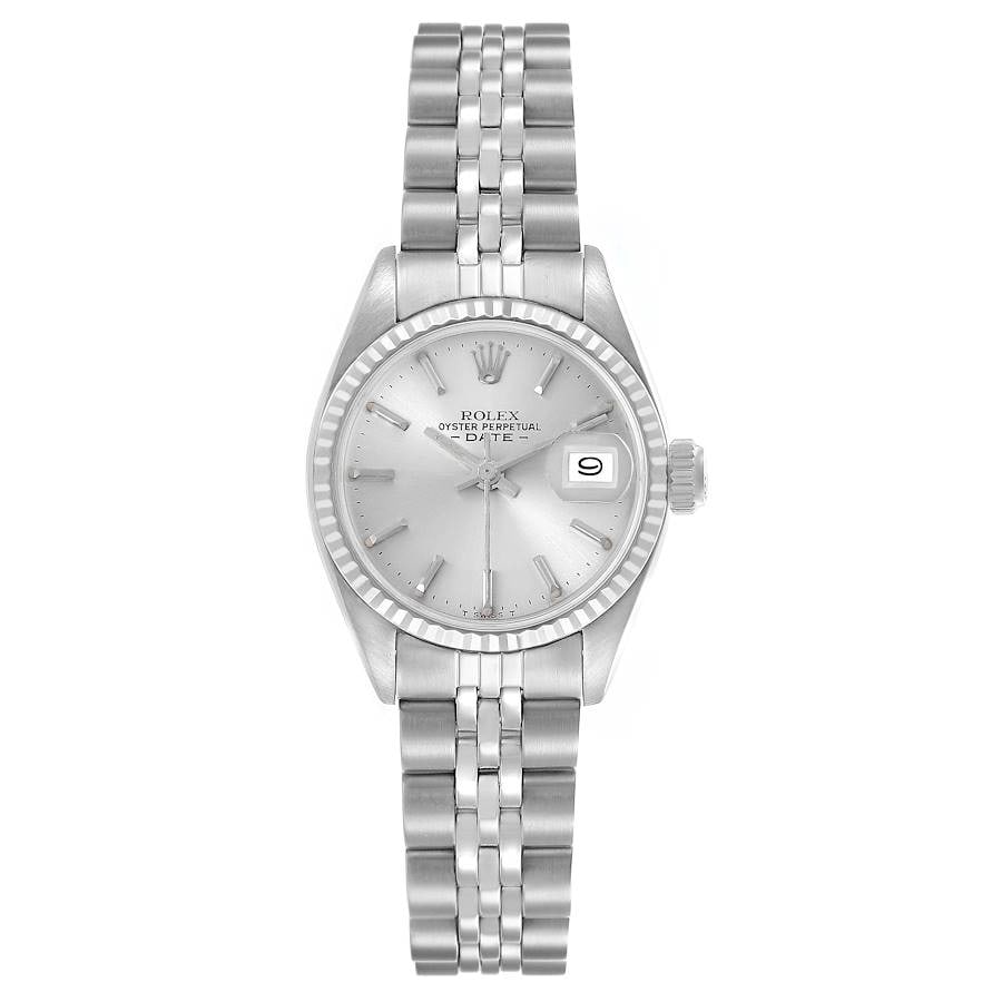 Ladies Rolex Oyster Perpetual Date 6917 Fluted Jubilee Bracelet Silver Dial: Ladies Rolex Oyster Perpetual Date 6917 Fluted Jubilee Bracelet Silver Dial This Rolex Oyster Perpetual Date watch features a silver stick dial, fluted bezel, and is presented on a folded Jubilee brac