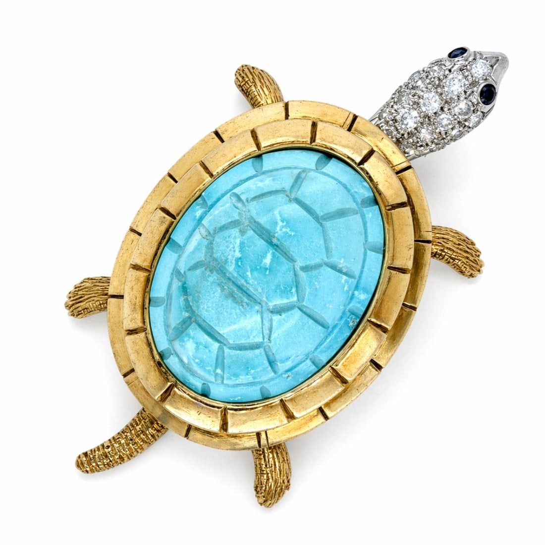 Vintage 18K Gold Turtle Pin with Turquoise and Diamond Accents 2 Inch: Vintage 18K Gold Turtle Pin with Turquoise and Diamond Accents 2 Inch This 1960s turtle brooch is crafted from 18K yellow gold and features turquoise accents along with 19 diamonds totaling approximat