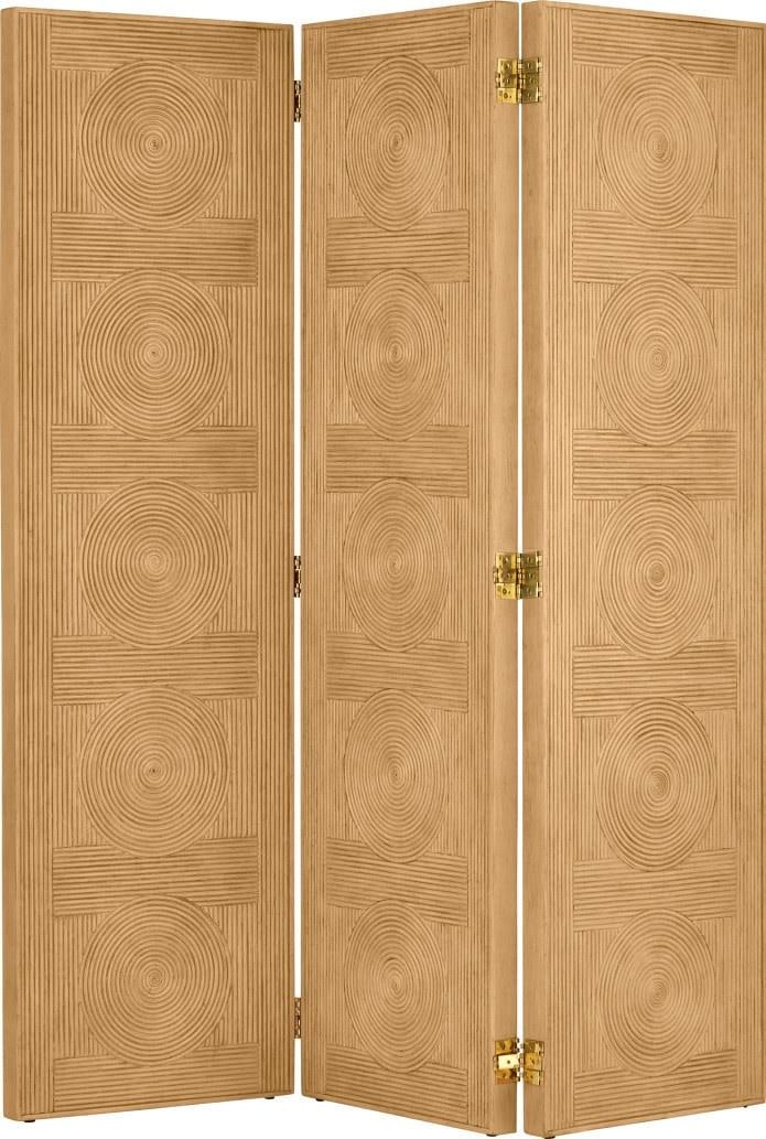 Currey Santos Room Divider Brass Accents 76H x 66W: Currey Santos Room Divider Brass Accents 76H x 66W Elevate your space with this luxurious Santos Room Divider featuring elegant brass accents. Crafted from a combination of brass, mahogany, and rattan