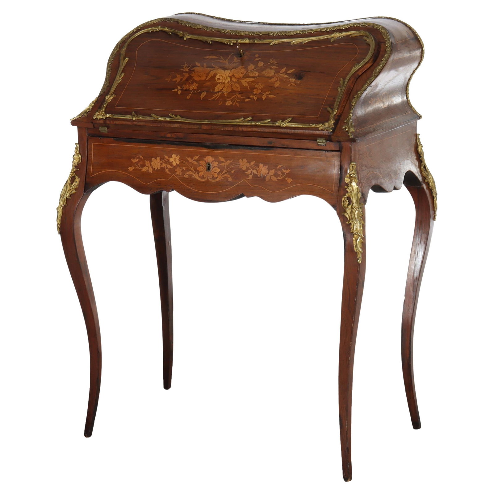 Louis XIV Style Rosewood Desk with Ormolu Inlay Circa 1890: Louis XIV Style Rosewood Desk with Ormolu Inlay Circa 1890 This antique French lady's desk, crafted circa 1890 in the Louis XIV style, features intricate inlaid rosewood with floral motifs. The desk i