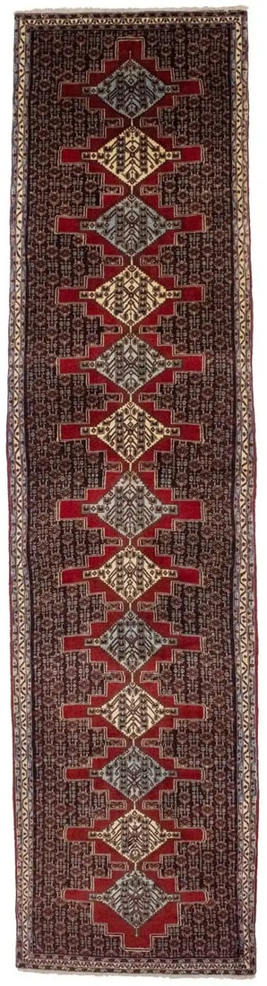 Hand-Knotted Wool Tribal Runner Rug 3'2 x 12'10 Vintage Geometric Pattern: Hand-Knotted Wool Tribal Runner Rug 3'2 x 12'10 Vintage Geometric Pattern This vintage hand-knotted runner rug features a striking geometric pattern in dark purple, navy, red, cream, sky blue, and buf