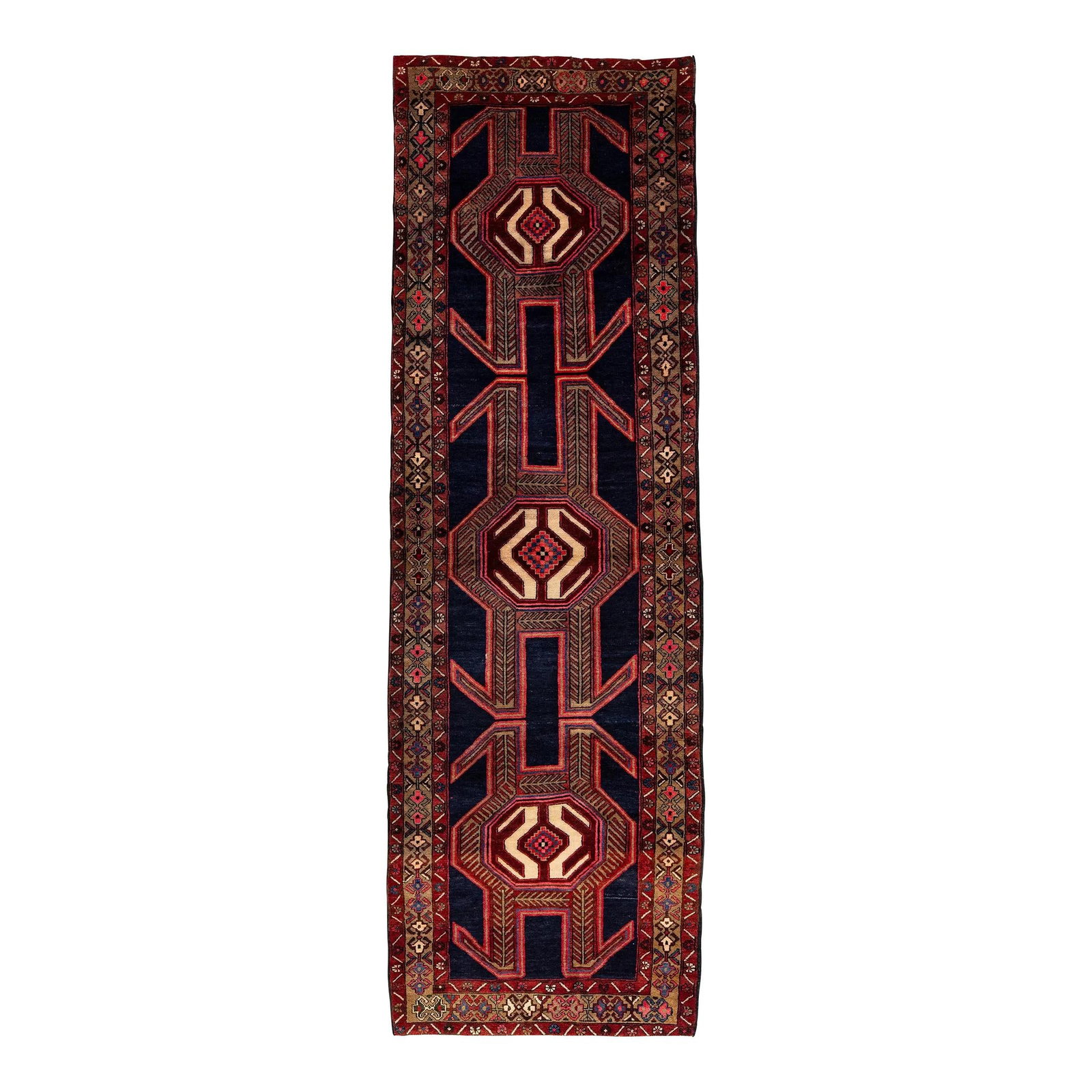 Vintage Tribal Heriz Wool Runner Rug Navy Blue 3'5 x 10'7: Vintage Tribal Heriz Wool Runner Rug Navy Blue 3'5 x 10'7 Enhance your space with this stunning vintage tribal Heriz runner rug featuring a captivating navy blue background. The intricate design is ac