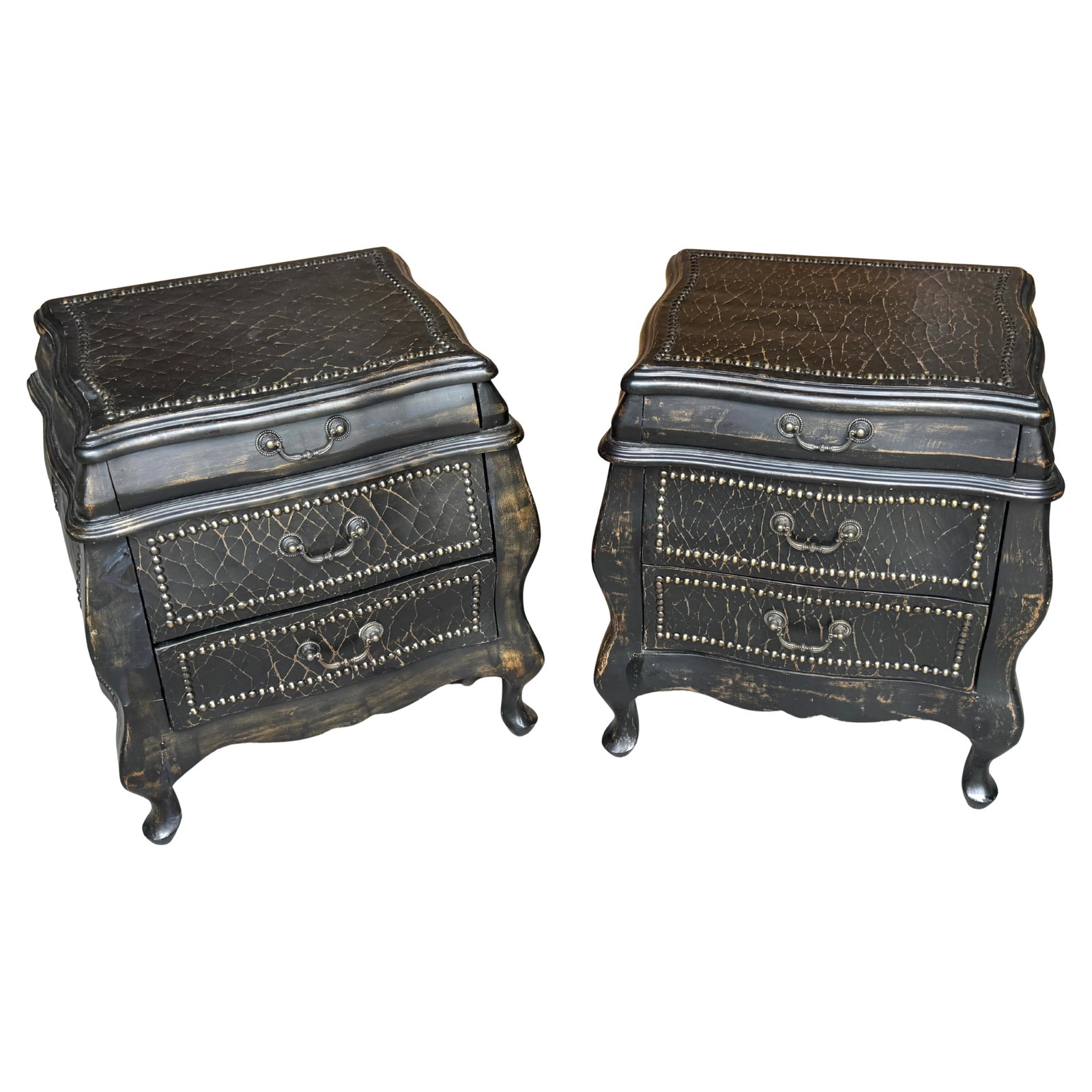 Set of 2 Italian Black Lacquer Bombe Nightstands with Nailhead Trim (1 of 9)