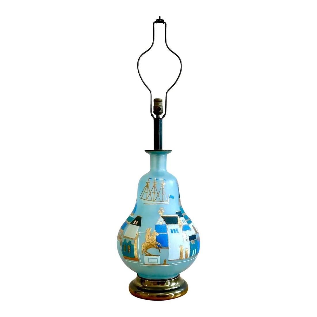 Hand Painted Sky Blue Glass Table Lamp with Gilded Coastal Motifs: Hand Painted Sky Blue Glass Table Lamp with Gilded Coastal Motifs This vintage table lamp features a mid-century design with a sky-blue glass body, beautifully hand painted with gilded motifs of ships