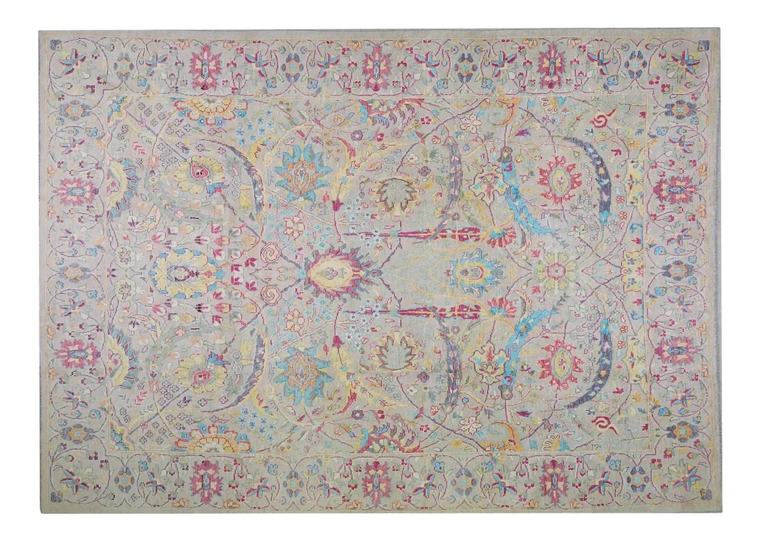 9'8 x 13'4 Oushak Rug Hand Knotted Angora Wool Turkish Vintage: 9'8 x 13'4 Oushak Rug Hand Knotted Angora Wool Turkish Vintage This vintage Turkish Oushak rug is hand knotted from organic Angora wool and features a natural tan color with an all-over design. The ru