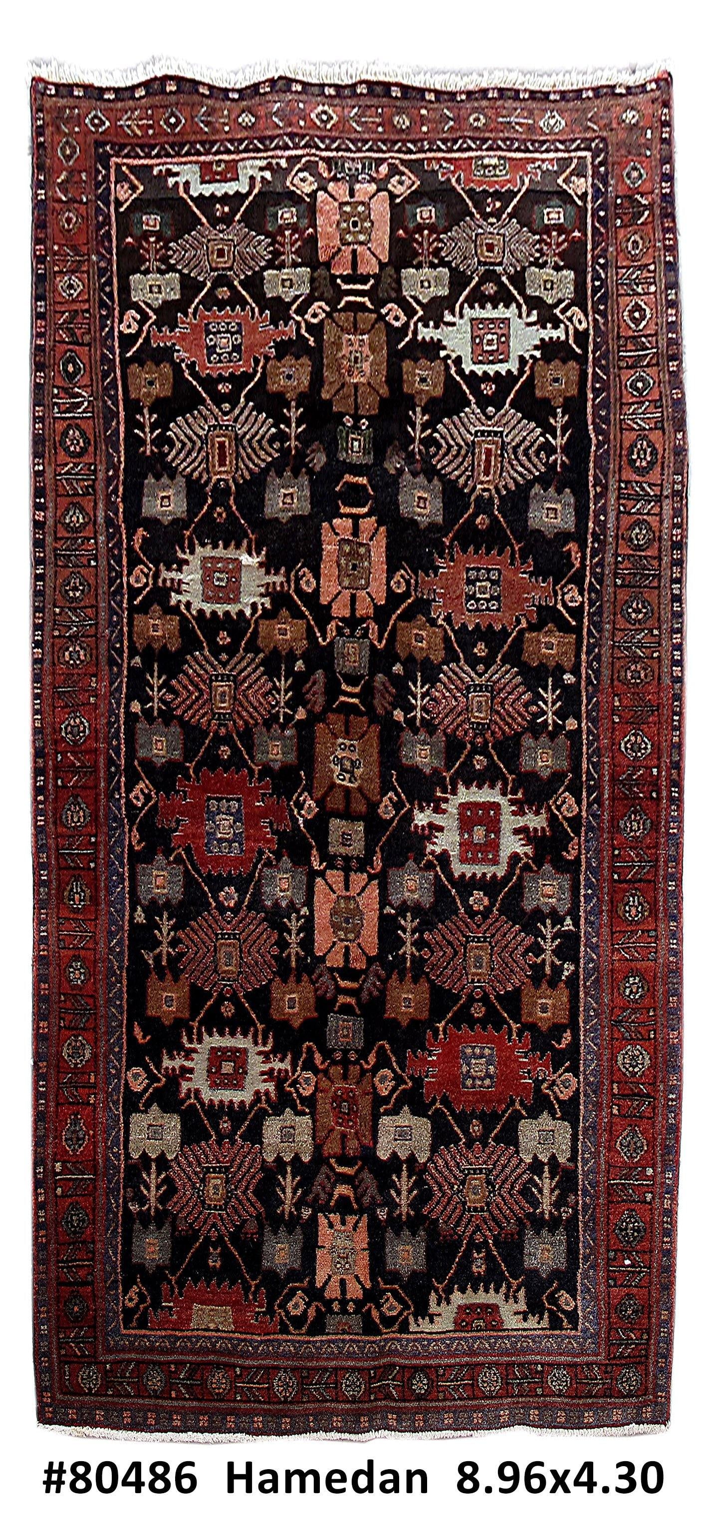 4'4" x 8'11" Black Persian Hamadan Handmade Wool Rug: 4'4" x 8'11" Black Persian Hamadan Handmade Wool Rug Free continental US Shipping Introducing the exquisite 4' x 9' Black Persian Hamadan Rug, a stunning piece that exemplifies the rich tradition and 