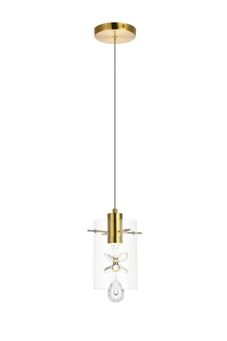 Hana Goldish Crystal Flower LED Pendant Light 6.38 in: Hana Goldish Crystal Flower LED Pendant Light 6.38 in This modern pendant light fixture features a gold-toned finish with crystal flower accents embedded in a cylindrical glass shade. Designed for ind