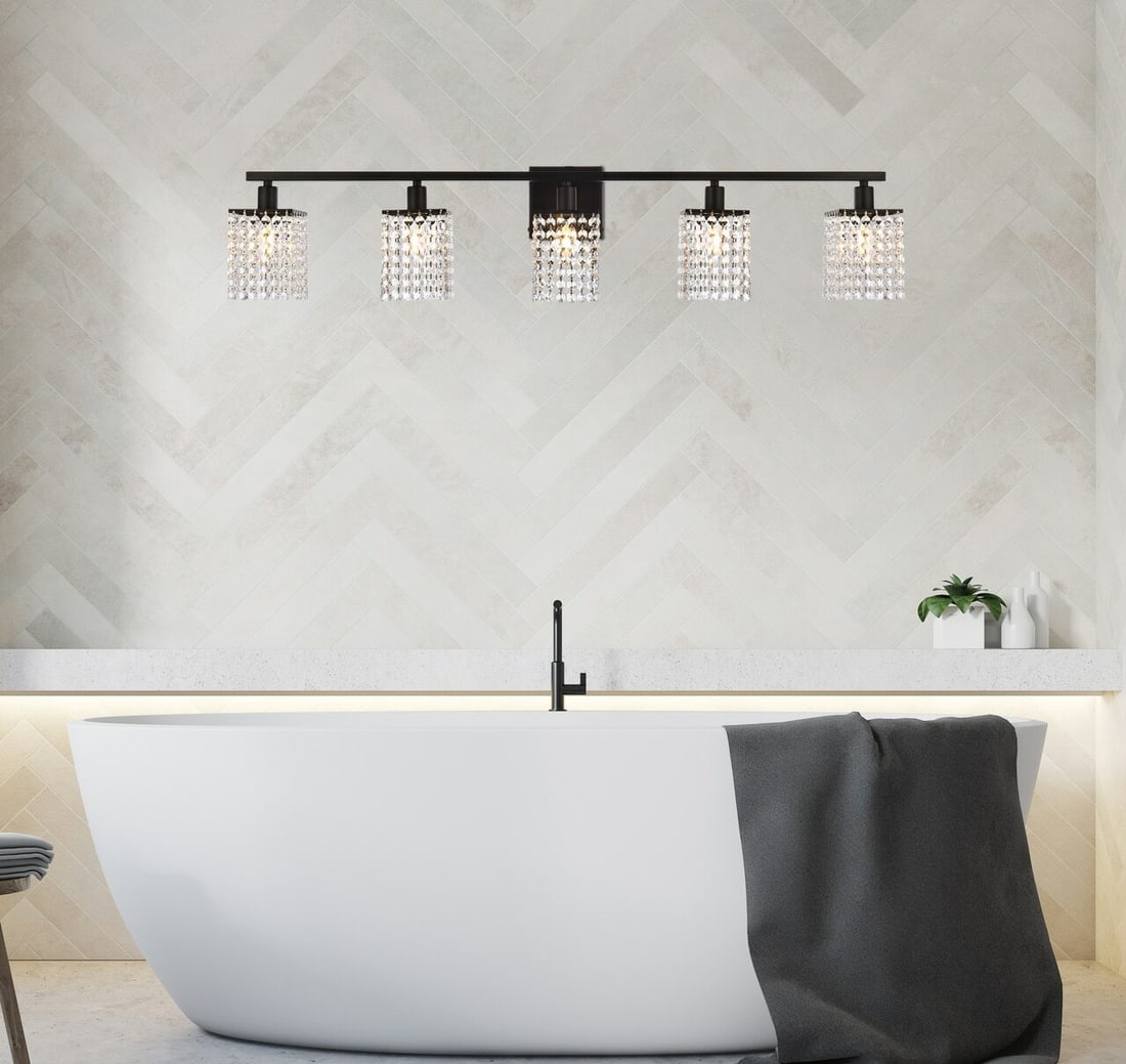 Phineas 5-Light Black Crystal Wall Sconce 42 Inch: Phineas 5-Light Black Crystal Wall Sconce 42 Inch This modern black wall sconce from the Phineas Collection features a sleek rectangular design adorned with royal cut crystals. Measuring 42 inches wid