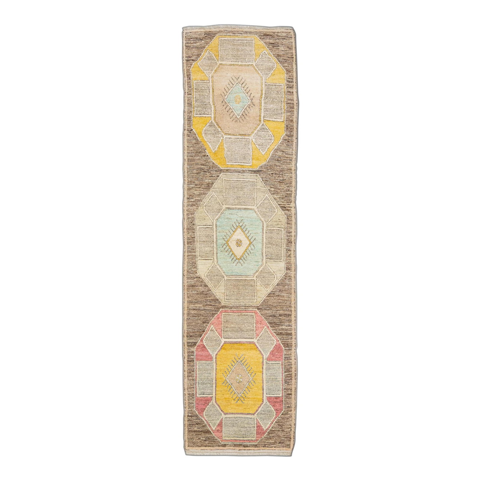Handmade Oushak Brown Wool Runner Rug with Geometric Medallion Design: Handmade Oushak Brown Wool Runner Rug with Geometric Medallion Design Enhance your space with this stunning handmade Oushak modern wool runner, featuring a rich brown field and a captivating all-over 
