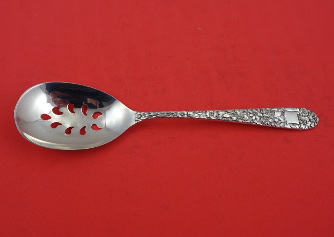Hallmark Ribbon Rose Sterling Silver Pierced Serving Spoon Custom 8.5": Hallmark Ribbon Rose Sterling Silver Pierced Serving Spoon Custom 8.5" This exquisite serving spoon features the elegant Ribbon Rose pattern by Hallmark, crafted from high-quality sterling silver (.92